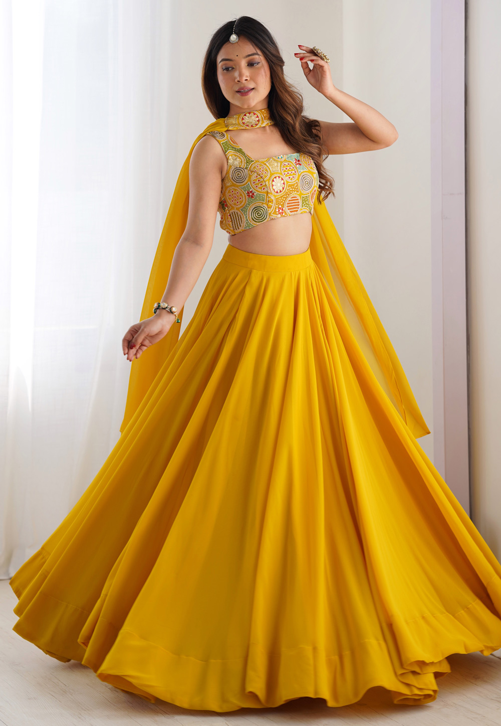 Yellow Faux Georgette Readymade Lehenga Choli 305345