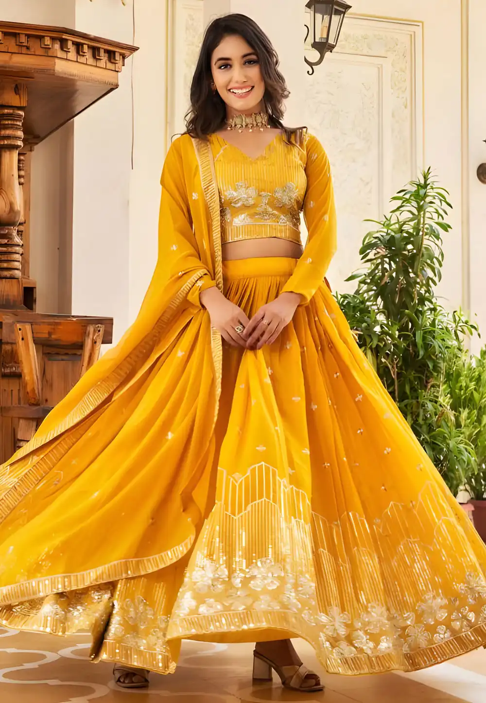 Yellow Faux Georgette Readymade Lehenga Choli 294300