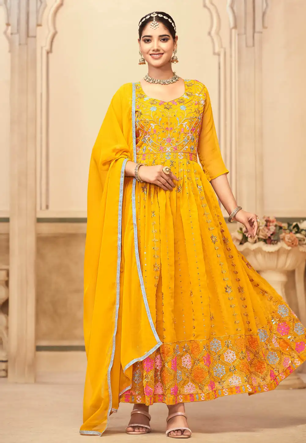 Yellow Faux Georgette Readymade Long Anarkali Suit 293135