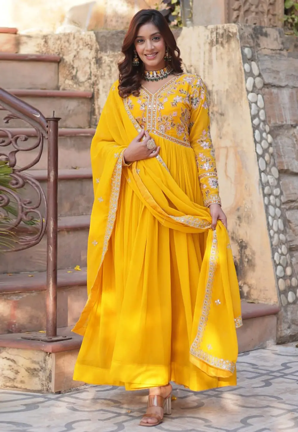 Yellow Faux Georgette Readymade Long Anarkali Suit 304069