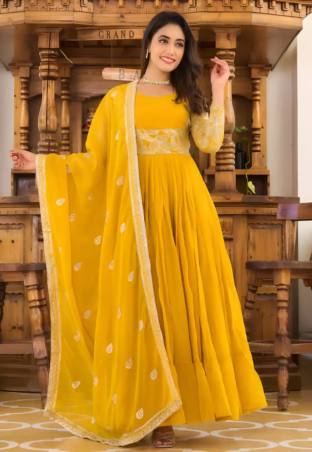 Yellow Faux Georgette Readymade Long Anarkali Suit 294701