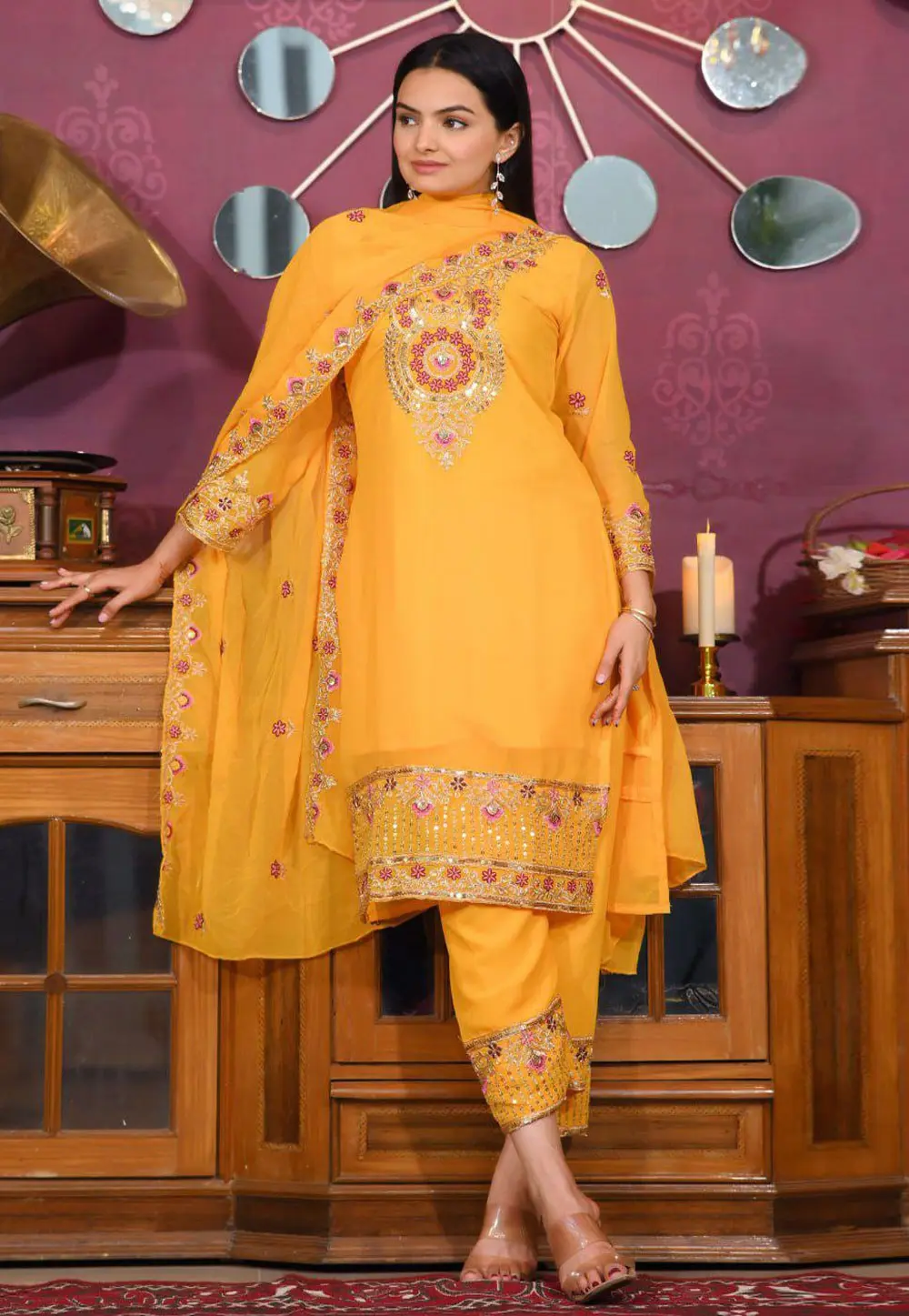 Yellow Faux Georgette Readymade Pakistani Suit 301665