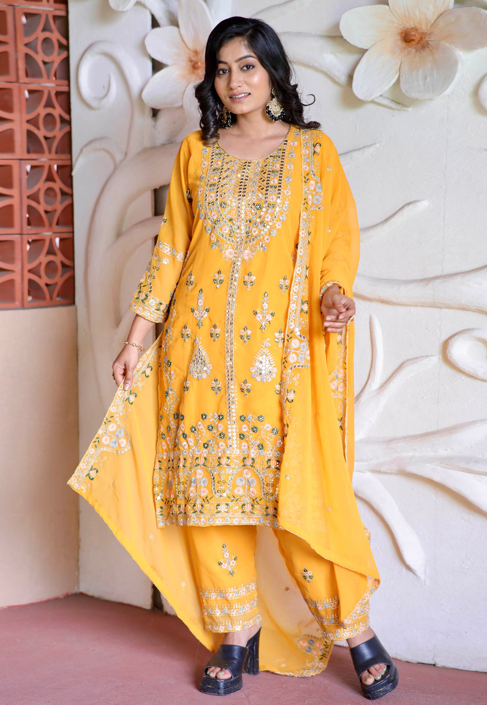 Yellow Faux Georgette Readymade Pant Style Suit 311115