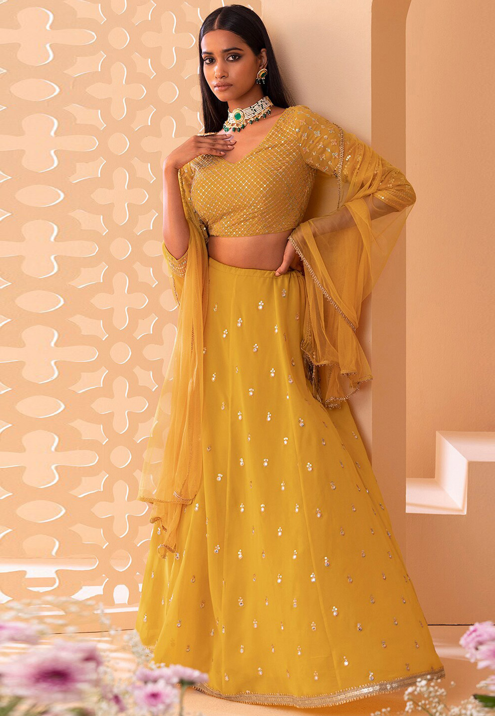 Yellow Georgette A Line Lehenga Choli 309185