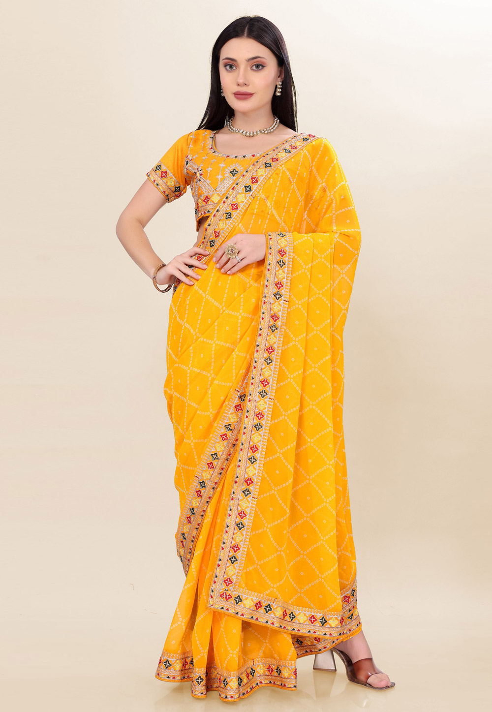 Yellow Georgette Bandhani Print Saree 305686