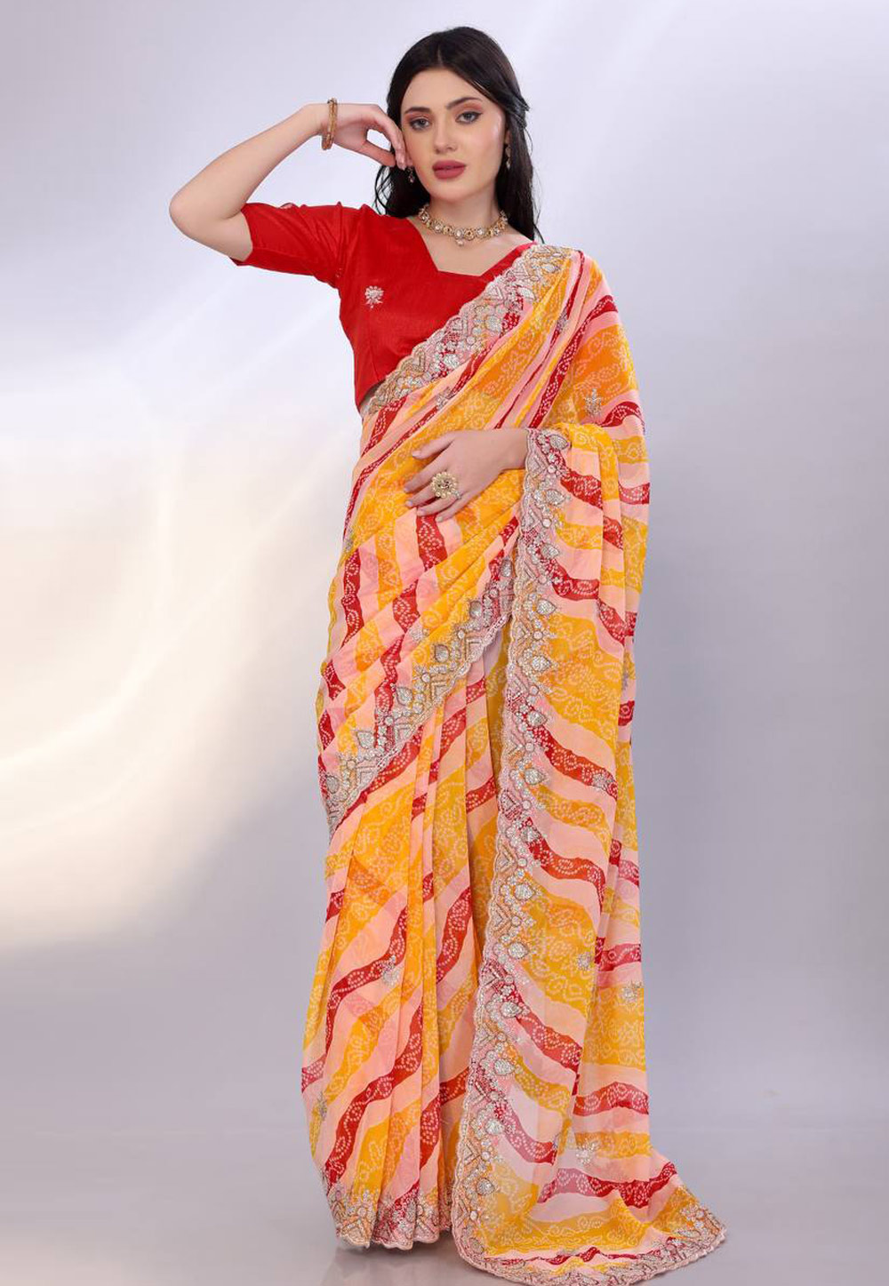 Yellow Georgette Bandhani Print Saree 304984