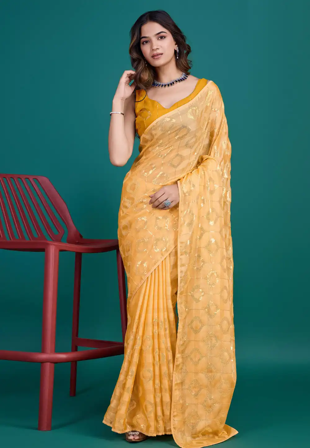 Yellow Georgette Chiffon Sequence Saree 294125