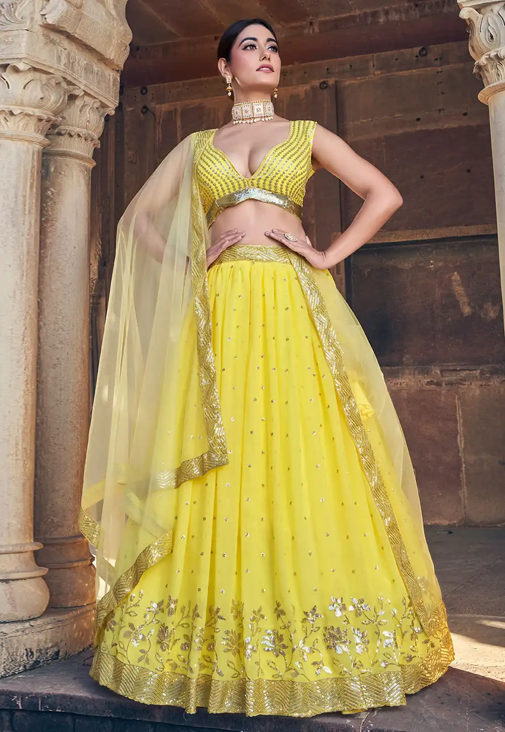 Yellow Georgette Circular Lehenga Choli 288299