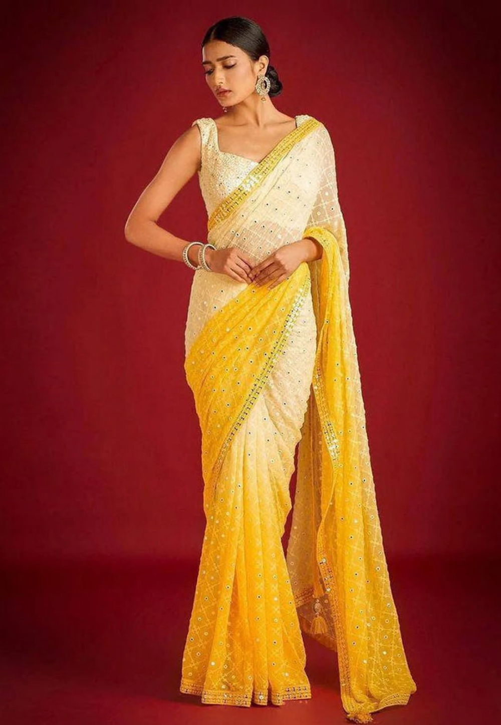 Yellow Georgette Half N Half Saree 287297