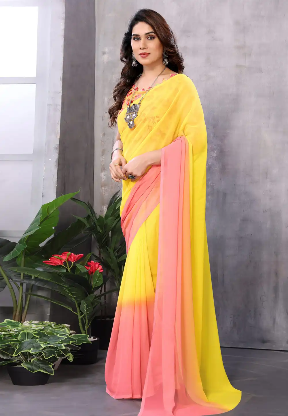 Yellow Georgette Half N Half Saree 291773