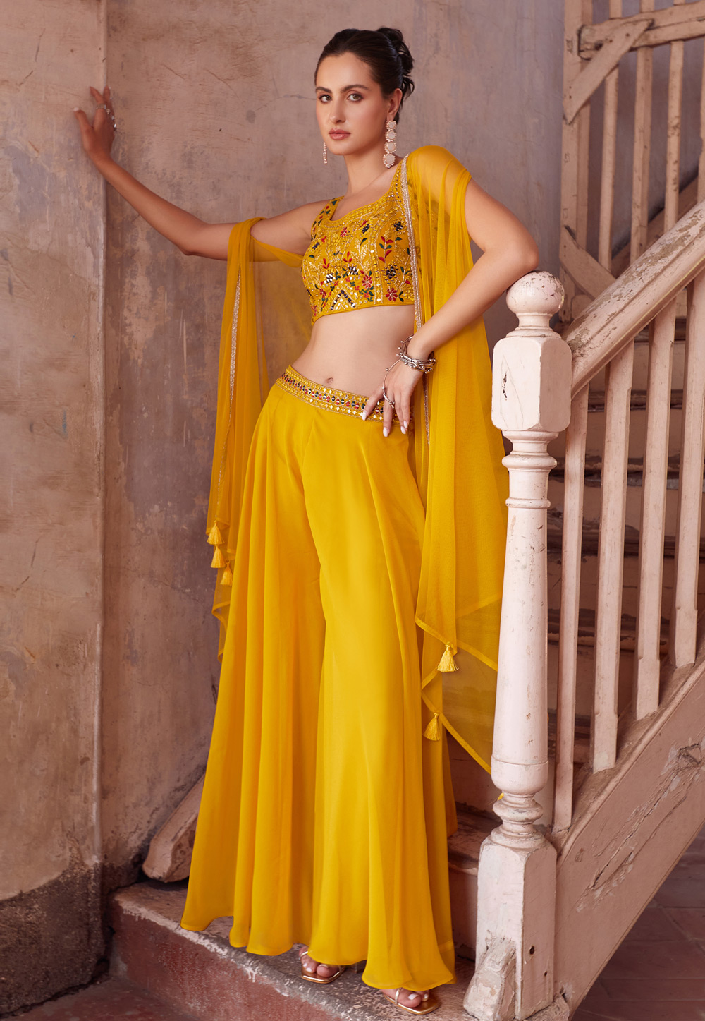 Yellow Georgette Palazzo With Crop Top 286533