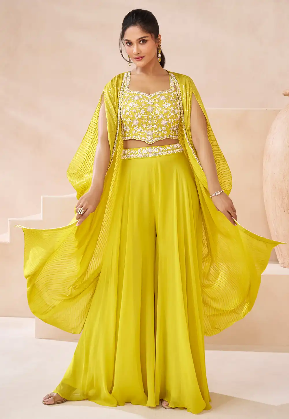 Yellow Georgette Palazzo With Crop Top 291228