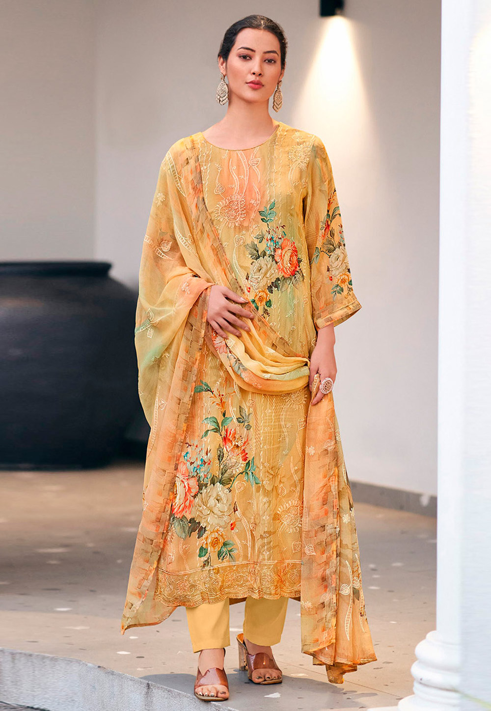 Yellow Georgette Pant Style Suit 309542