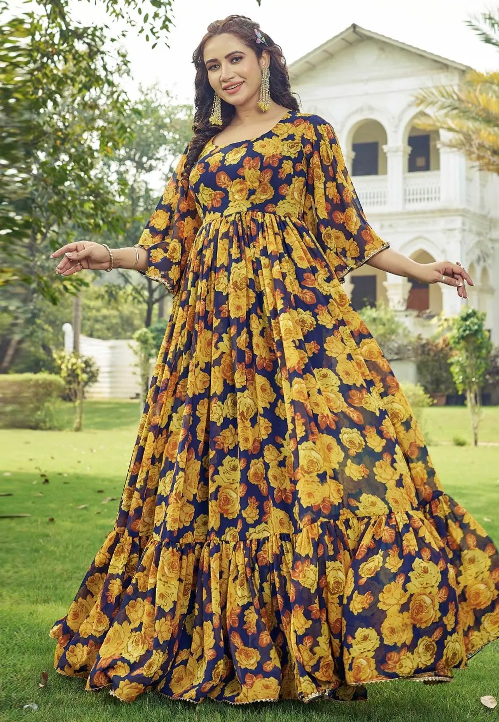 Yellow Georgette Printed Gown 303981