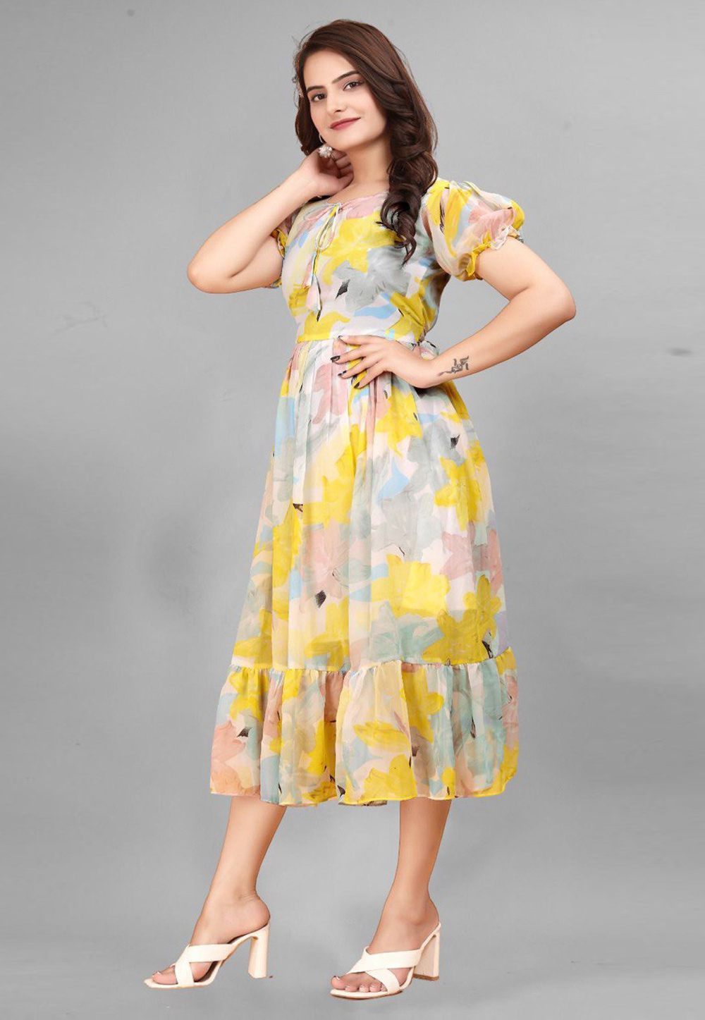 Yellow Georgette Printed Gown 285727