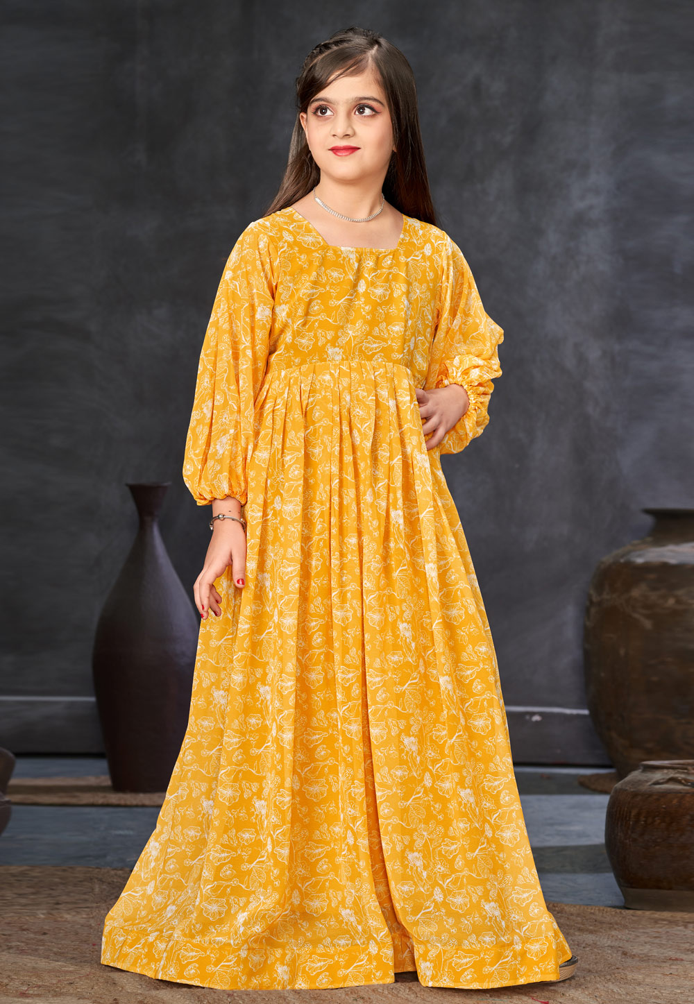 Yellow Georgette Readymade Kids Gown 283865