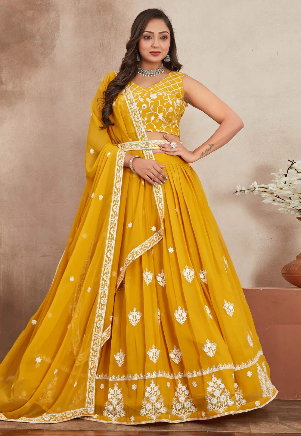 Yellow Georgette Readymade Lehenga Choli 303194