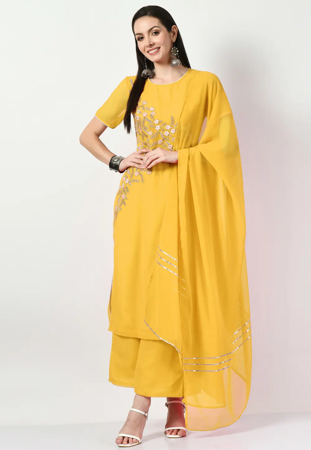 Yellow Georgette Readymade Palazzo Suit 299416