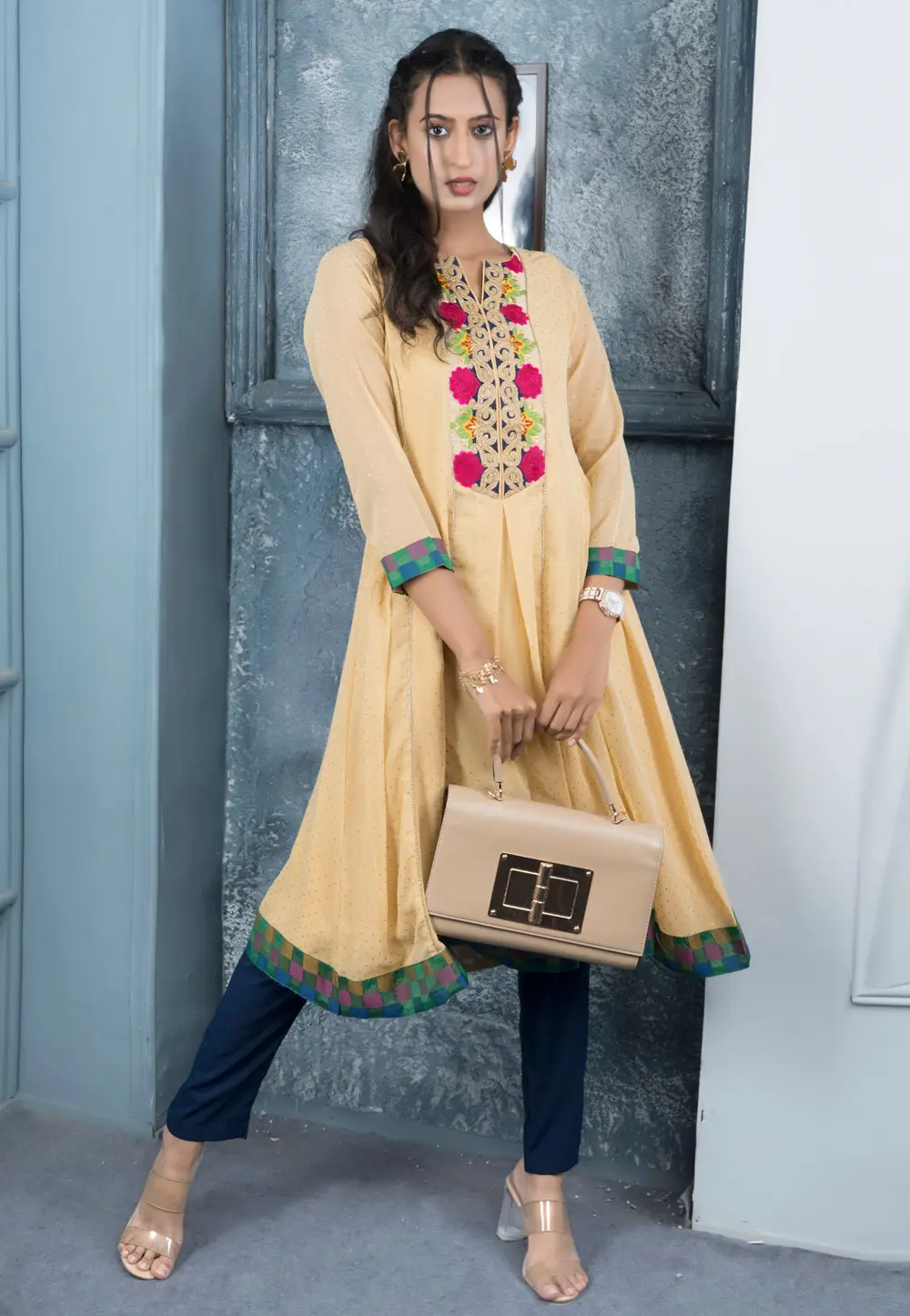 Yellow Georgette Readymade Pant Style Suit 297911