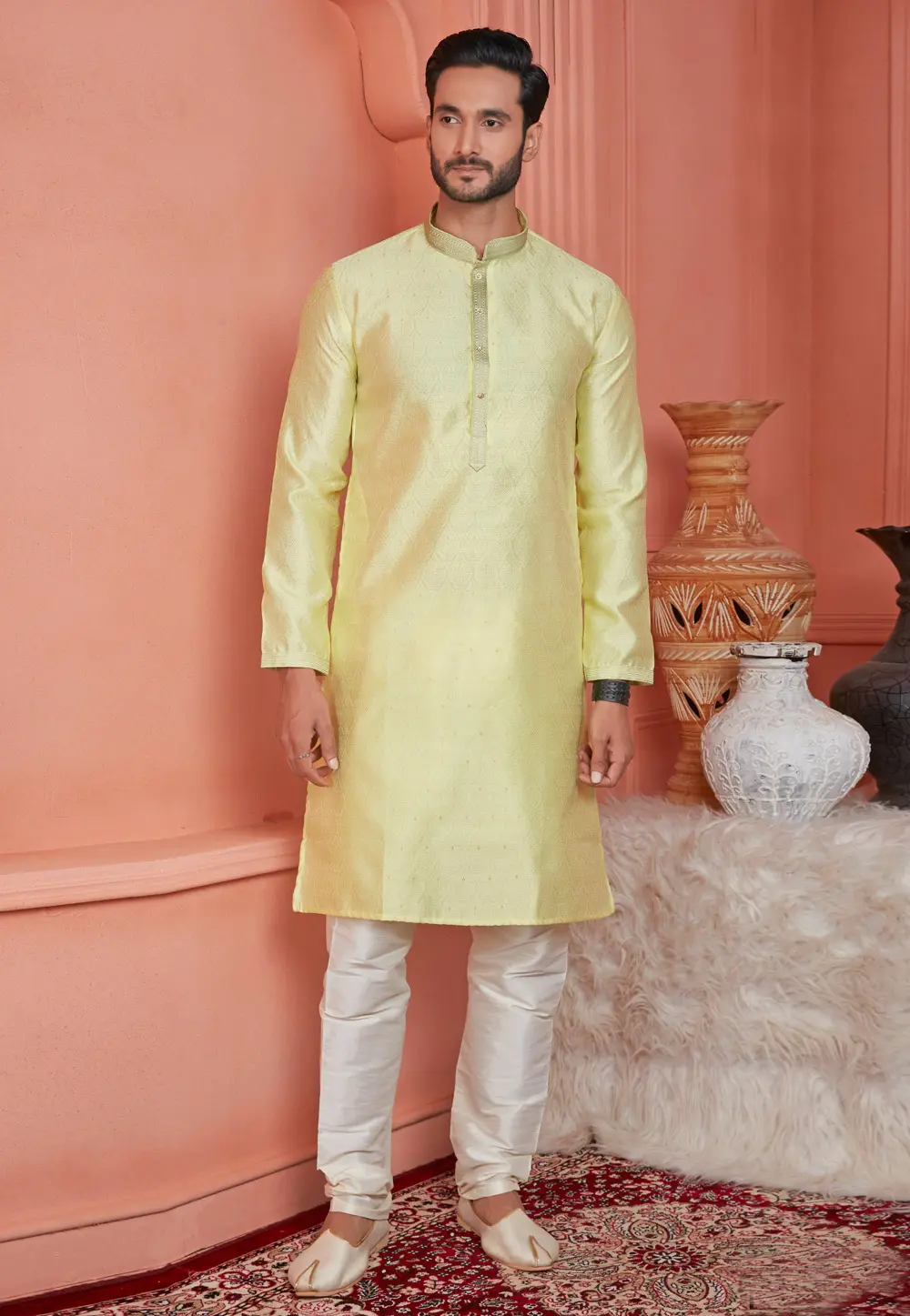 Yellow Jacquard Banarasi Kurta Pajama 304302