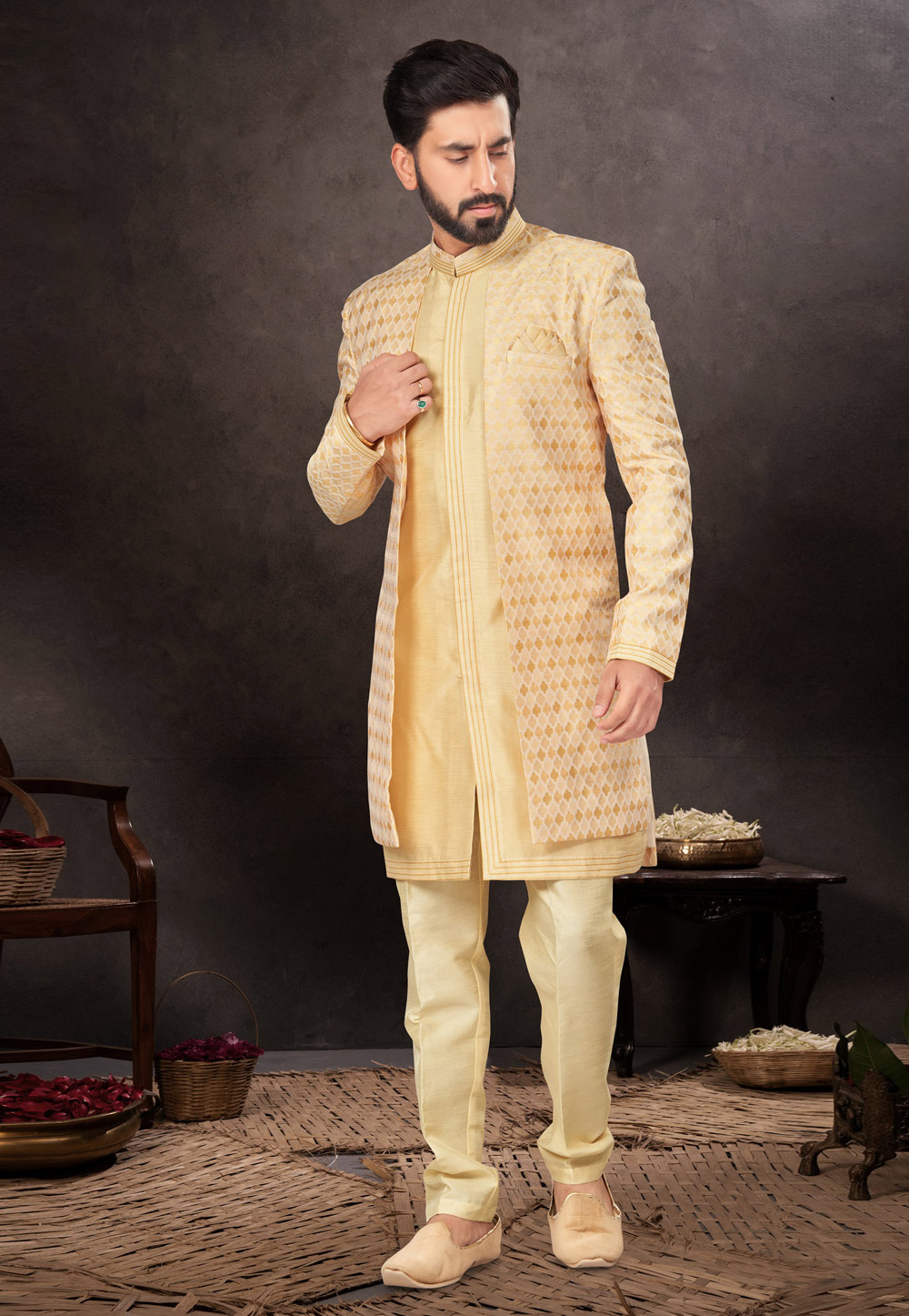Yellow Jacquard Indo Western Suit 283972