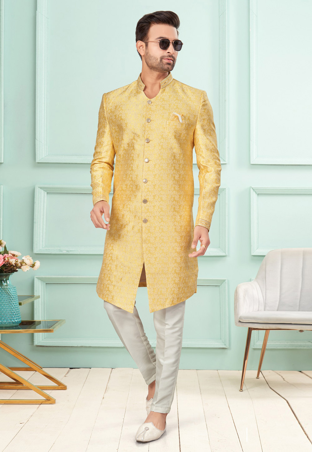 Yellow Jacquard Indo Western Suit 283912