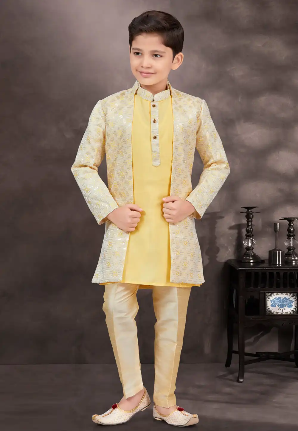 Yellow Jacquard Kids Indo Western Suit 293005