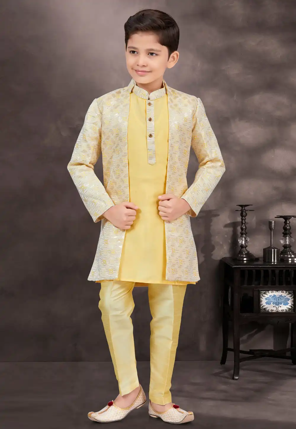 Yellow Jacquard Kids Indo Western Suit 294973