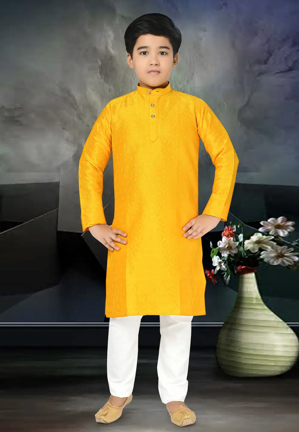 Yellow Jacquard Kids Kurta Pajama 293214