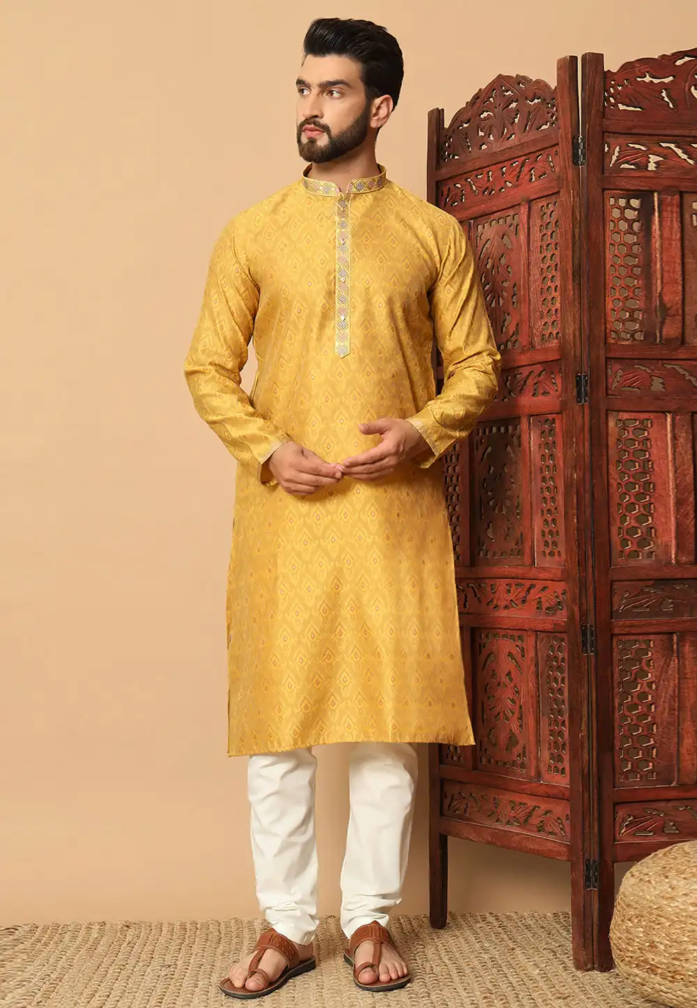 Yellow Jacquard Kurta Pajama 293753