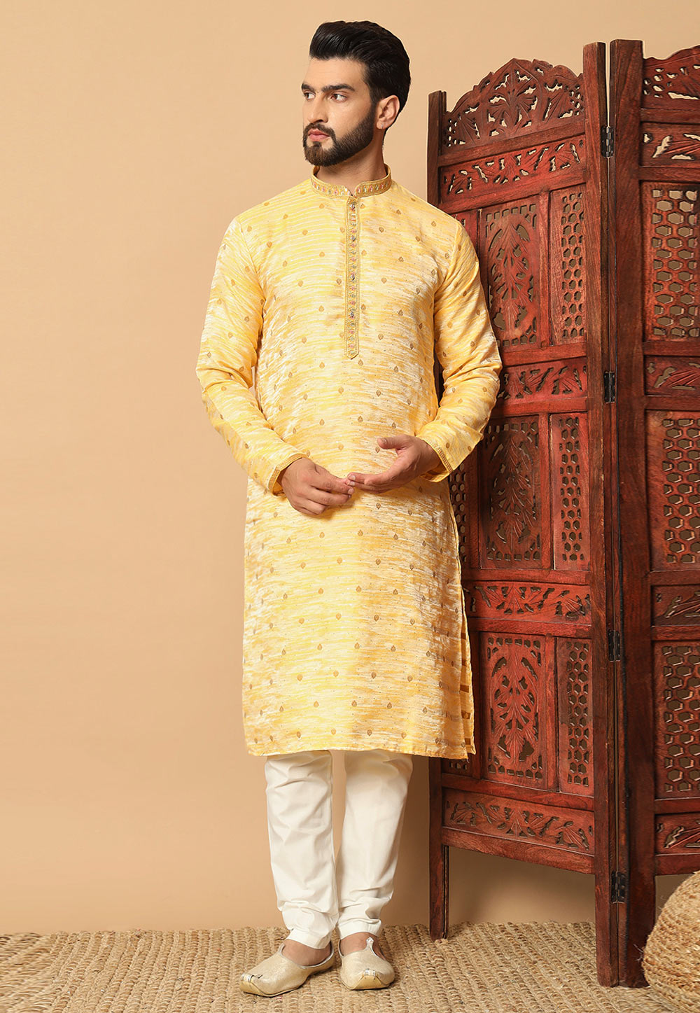 Yellow Jacquard Kurta Pajama 304911