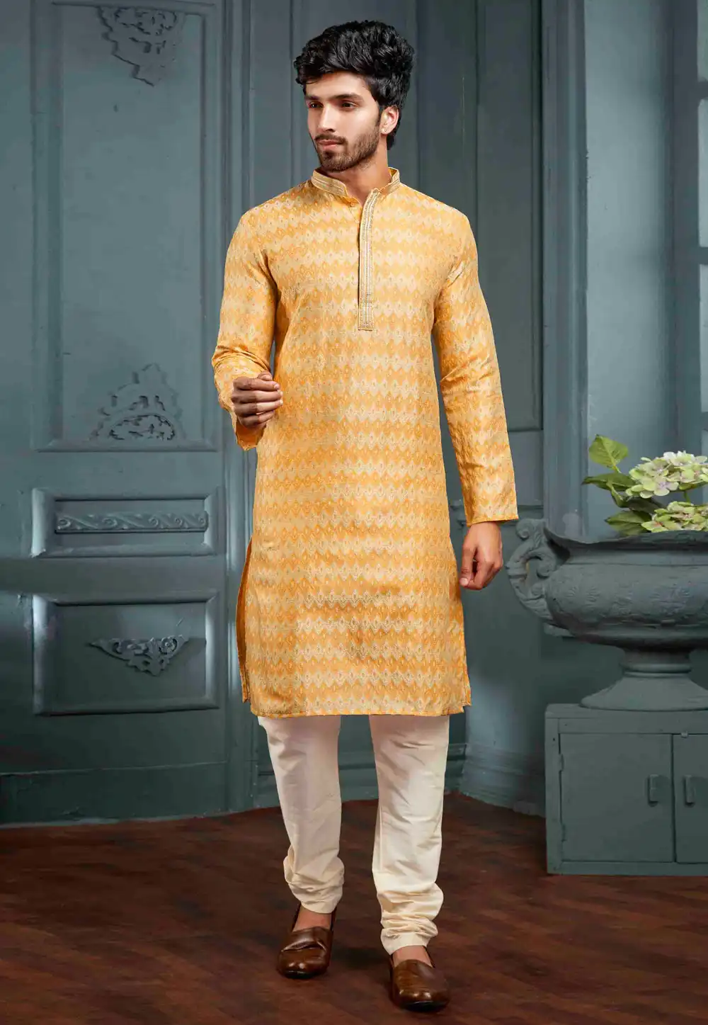 Yellow Jacquard Kurta Pajama 288824