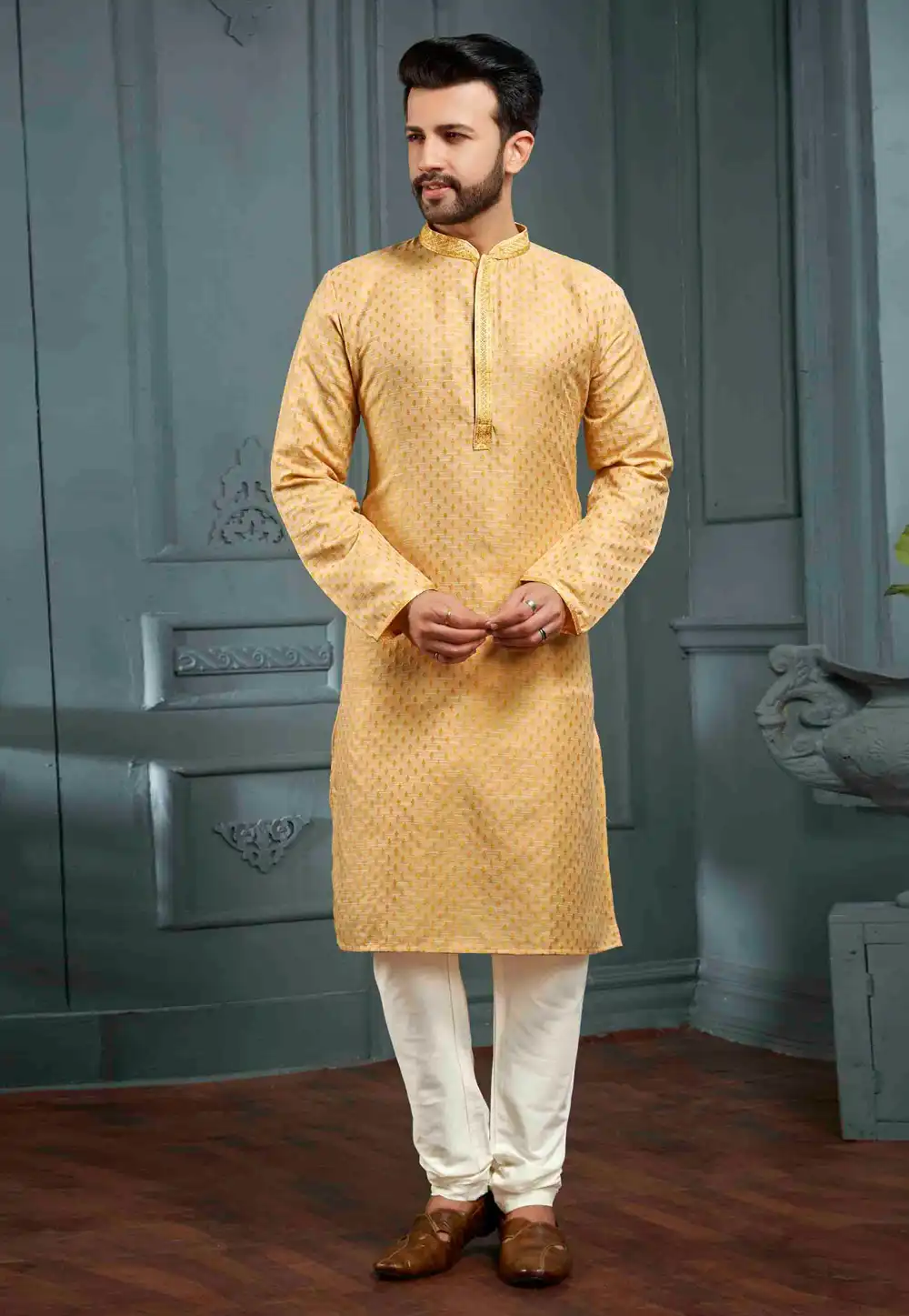 Yellow Jacquard Kurta Pajama 288827