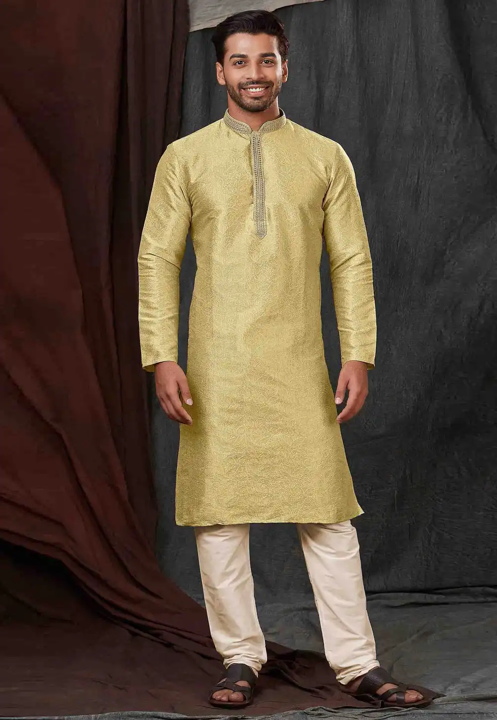 Yellow Jacquard Kurta Pajama 288833