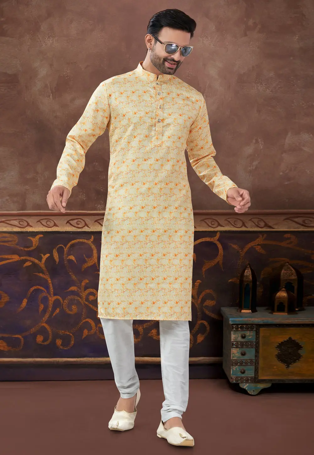 Yellow Jacquard Kurta Pajama 296890