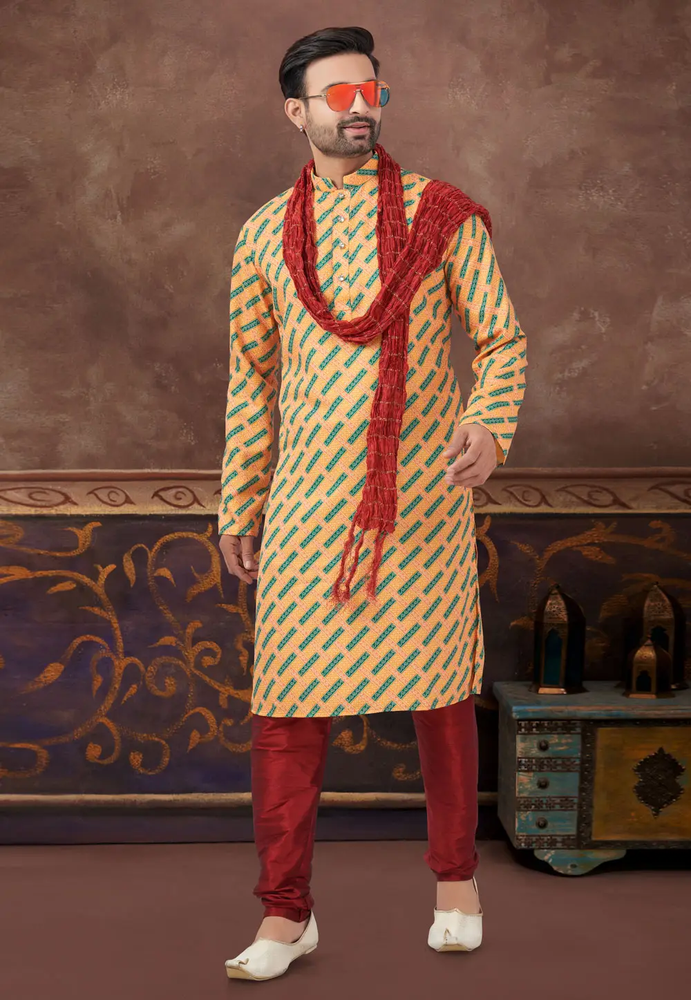 Yellow Jacquard Kurta Pajama 296894