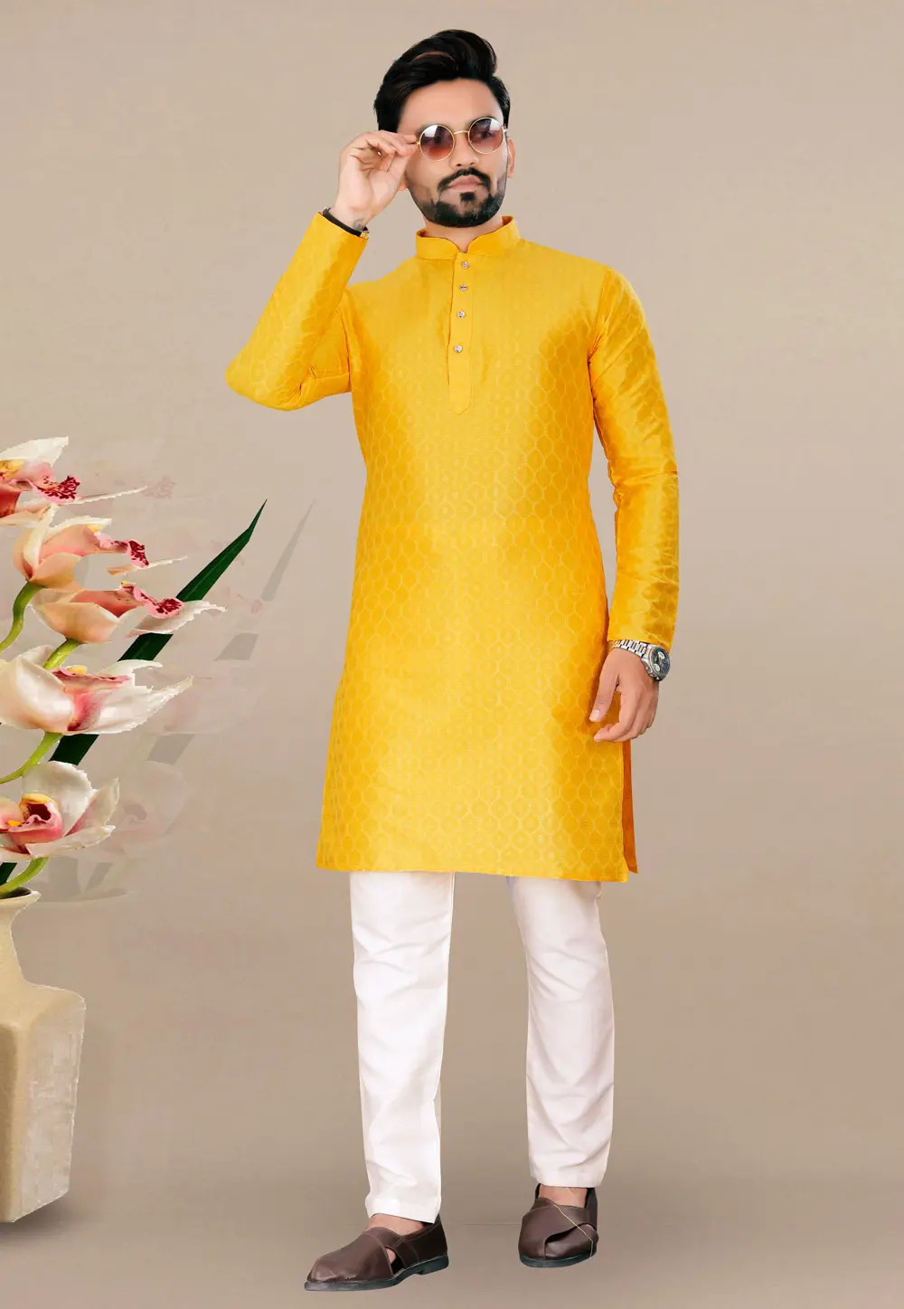 Yellow Jacquard Kurta Pajama 293412