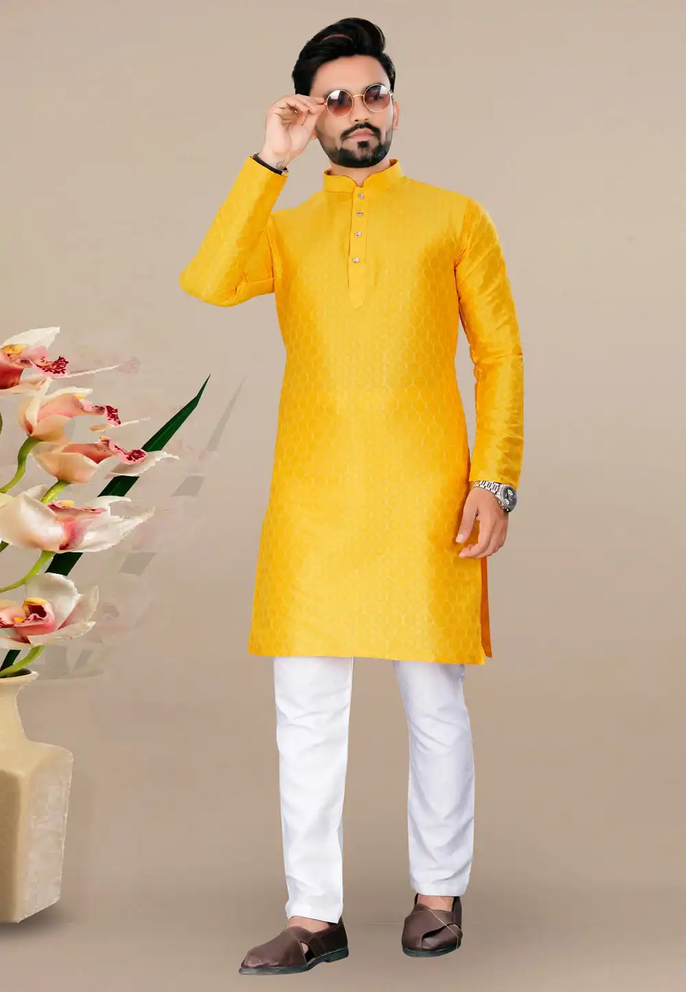 Yellow Jacquard Kurta Pajama 293412