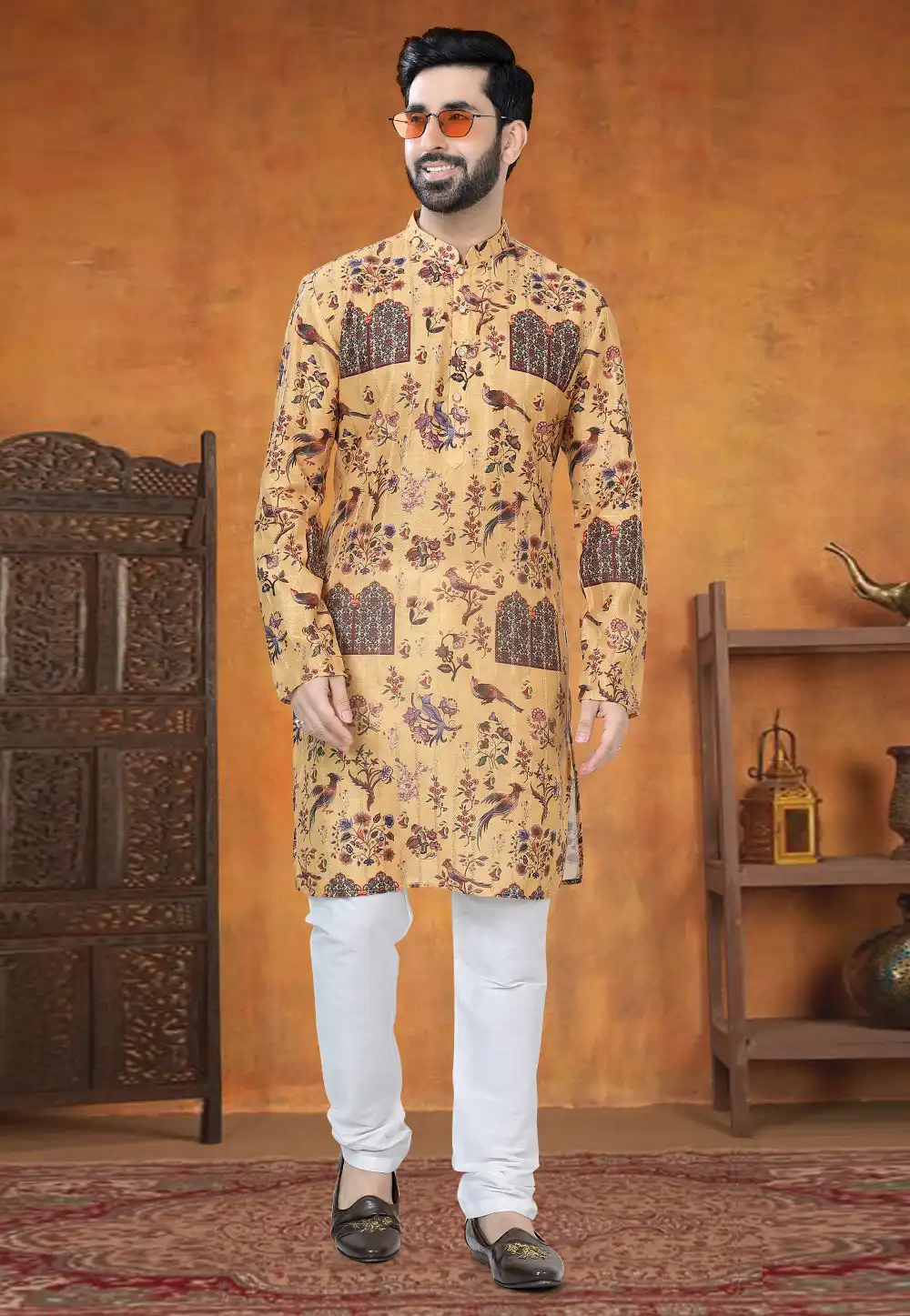 Yellow Jacquard Kurta Pajama 295016