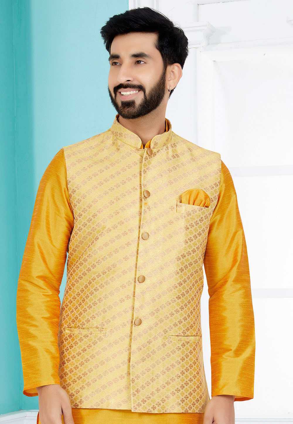 Yellow Jacquard Nehru Jacket 286769