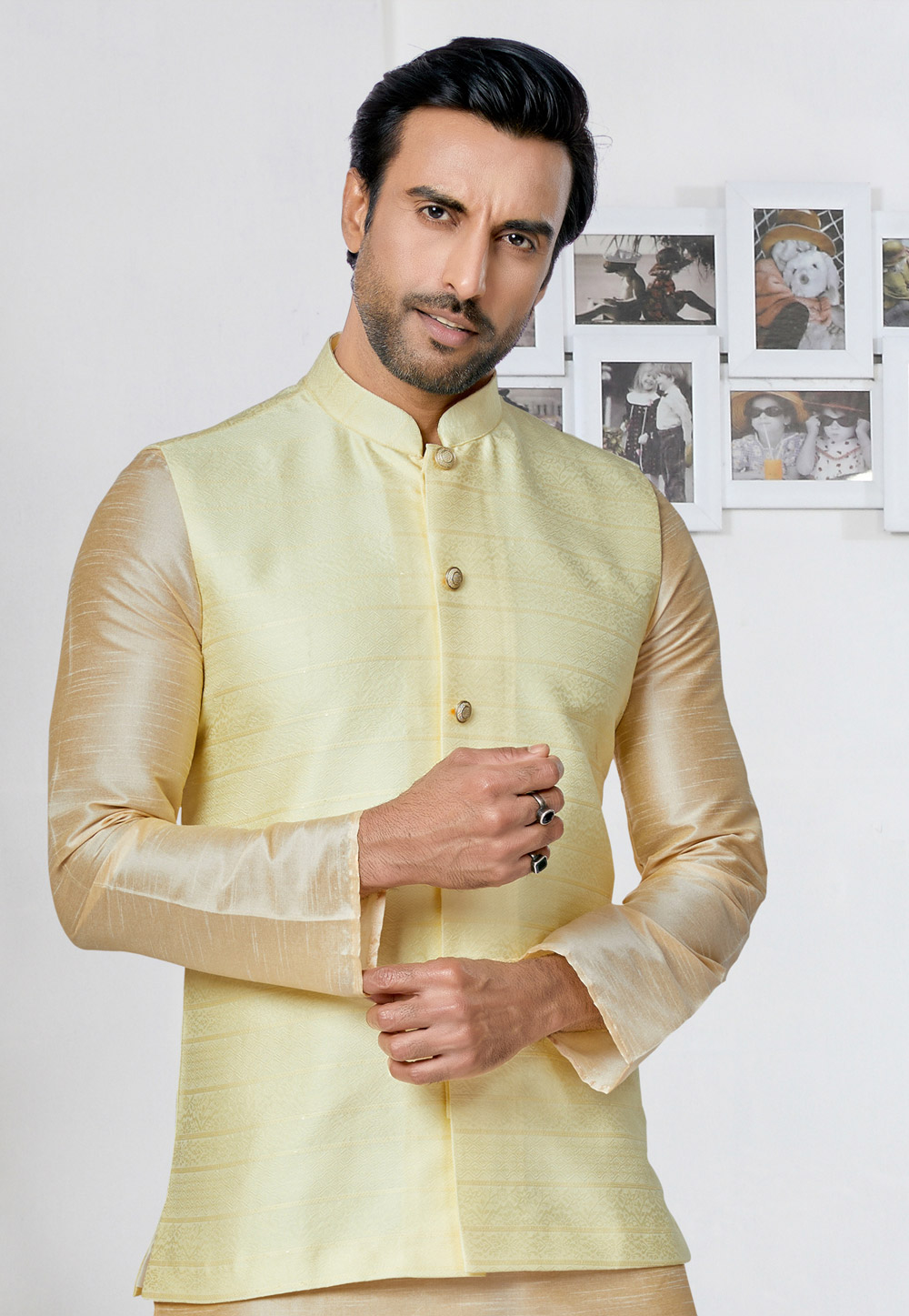 Yellow Jacquard Nehru Jacket 286772