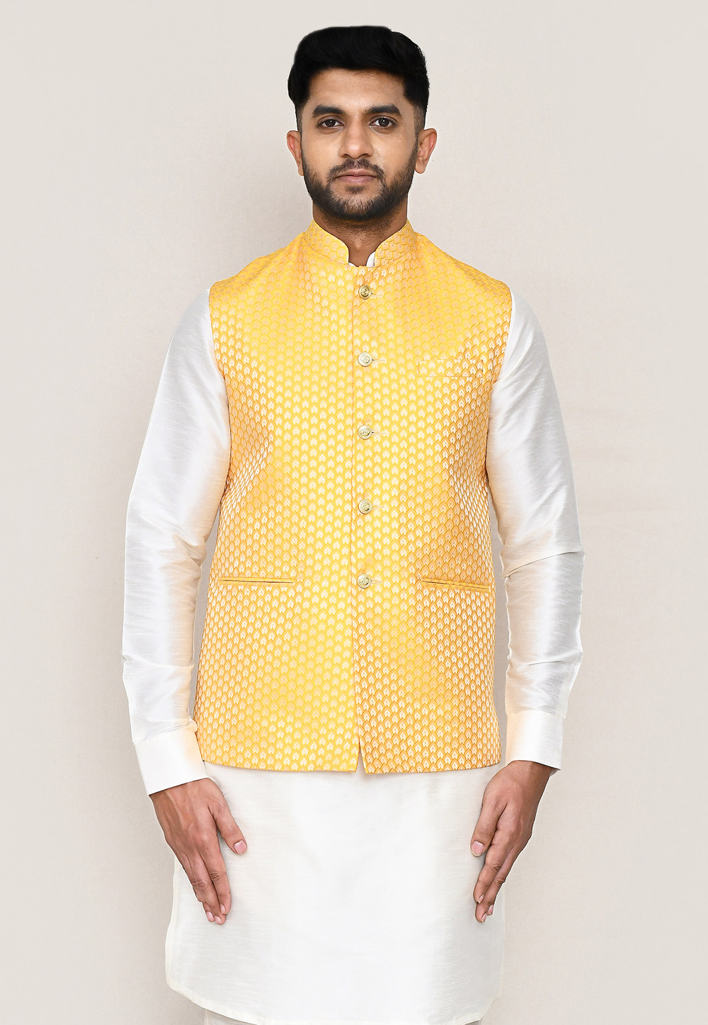 Yellow Jacquard Nehru Jacket 306065