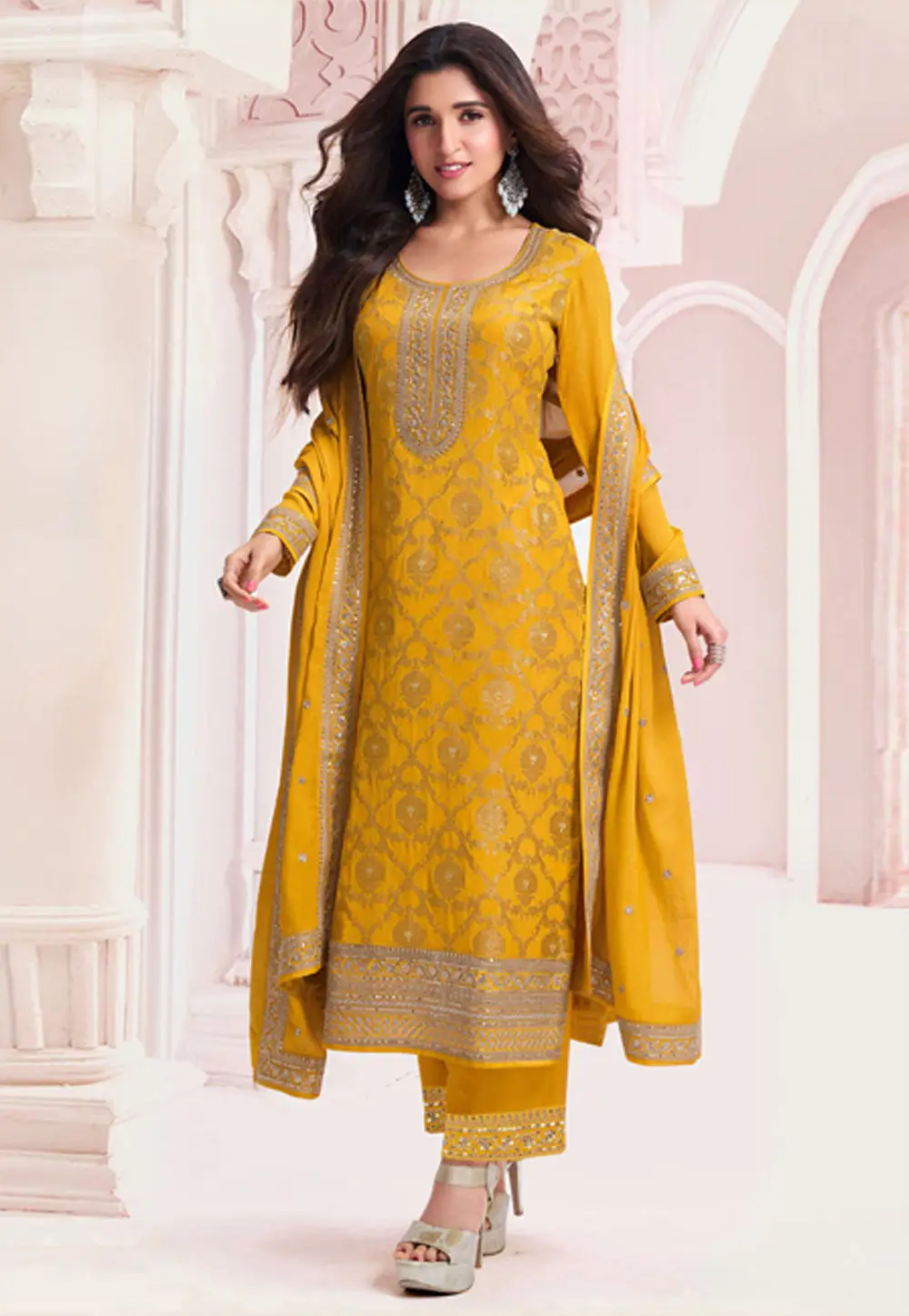 Yellow Jacquard Pant Style Suit 298634