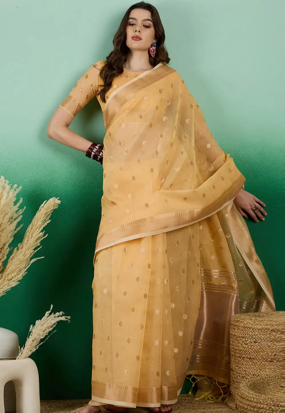 Yellow Jacquard Saree With Blouse 290240