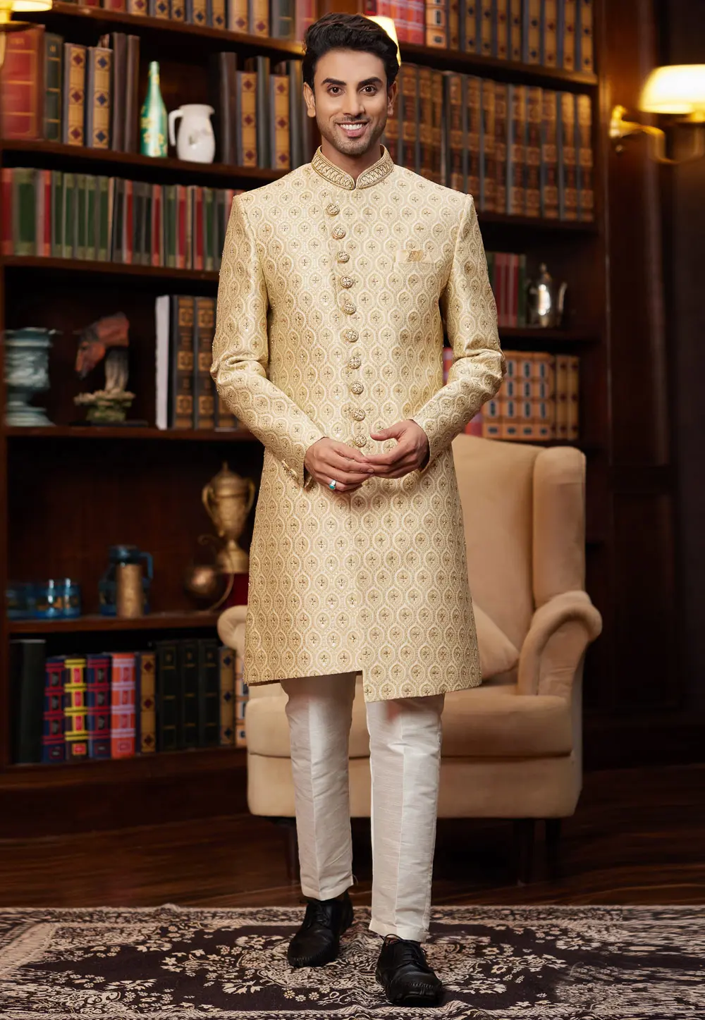 Yellow Jacquard Silk Indo Western Sherwani 302221