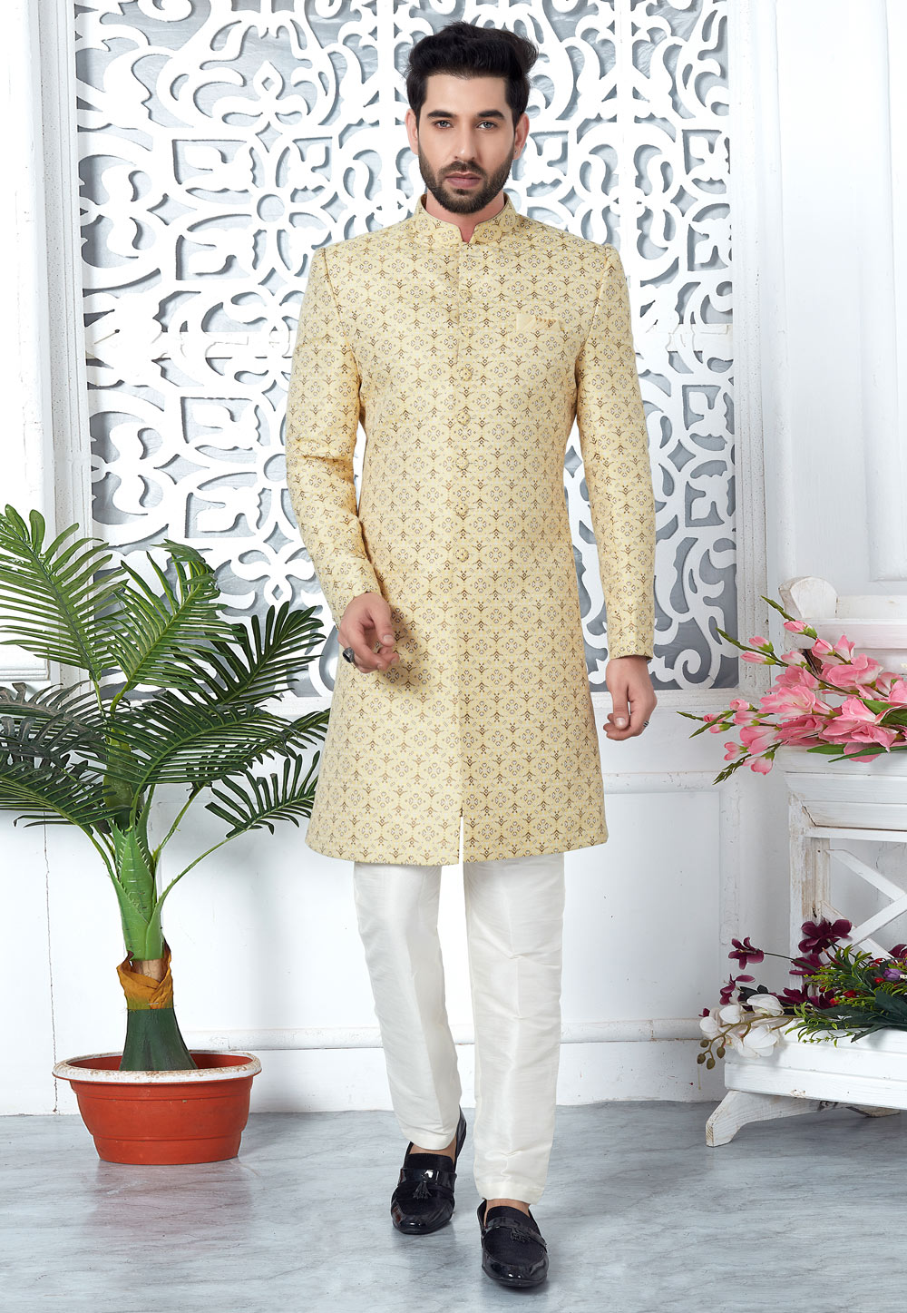 Yellow Jacquard Silk Indo Western Suit 280158