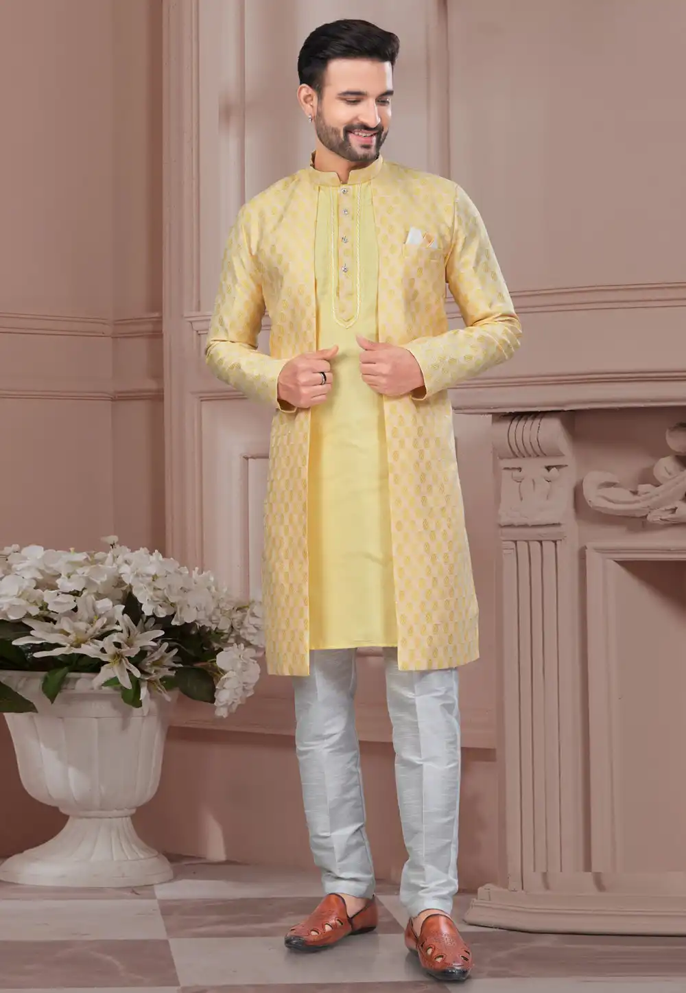 Yellow Jacquard Silk Indo Western Suit 294584