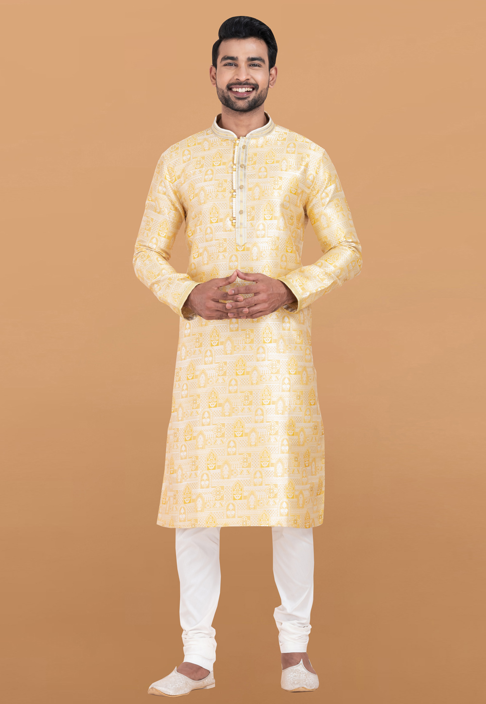 Yellow Jacquard Silk Kurta Pajama 305167