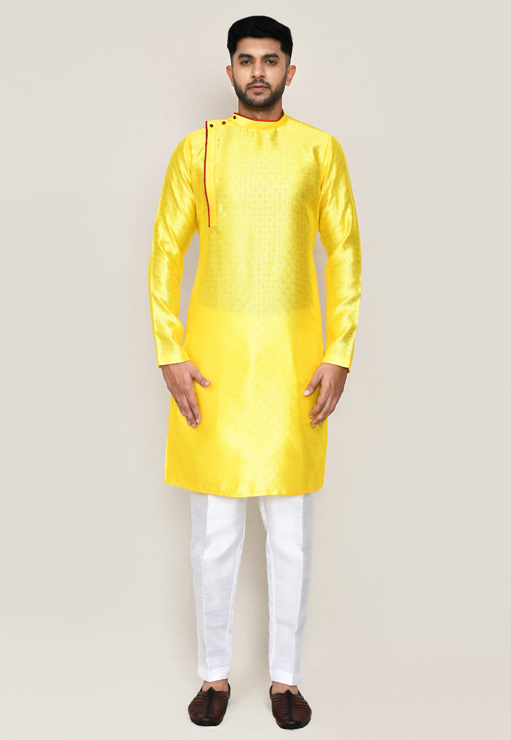 Yellow Jacquard Silk Kurta Pajama 306072