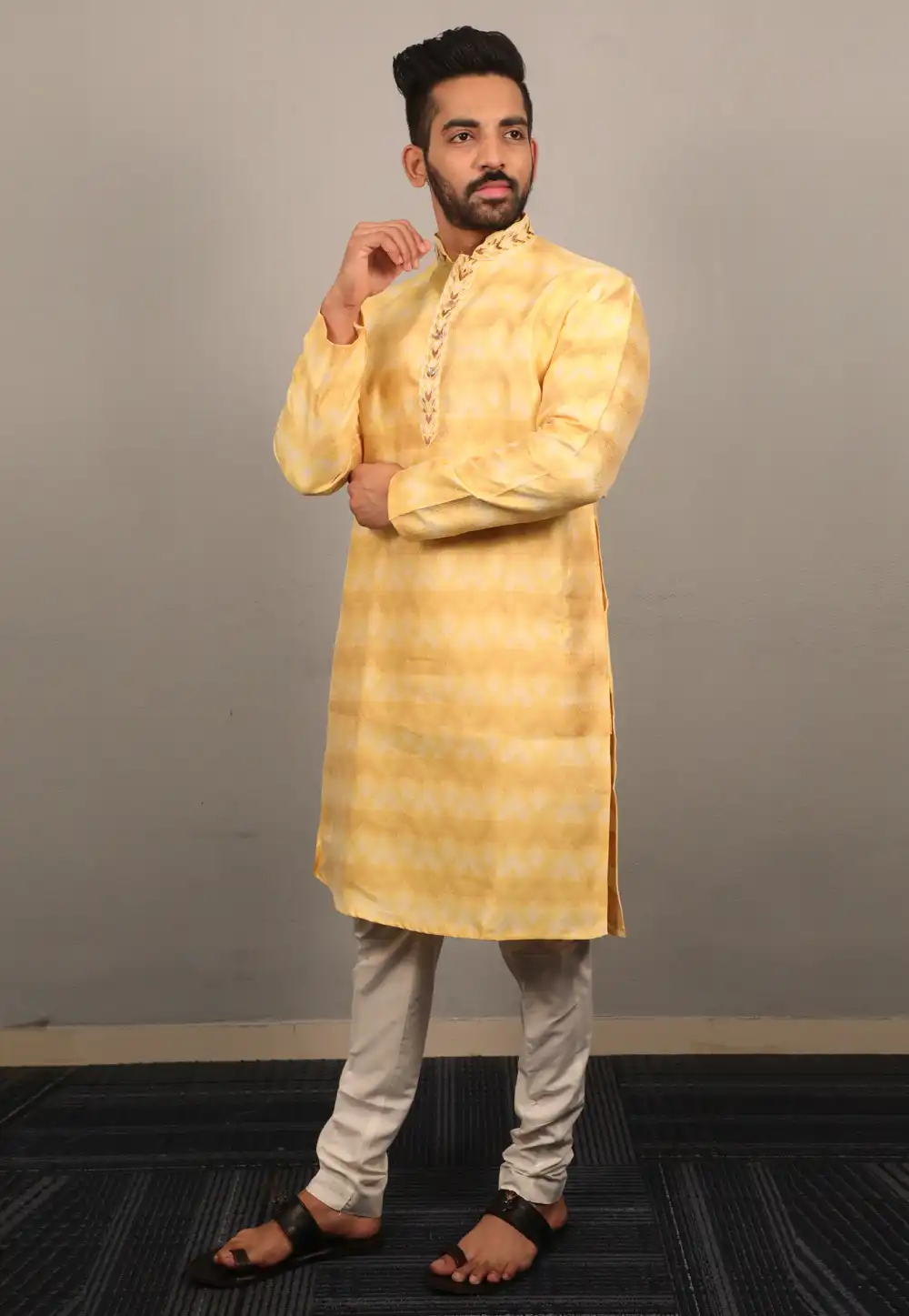 Yellow Jacquard Silk Kurta Pajama 293811